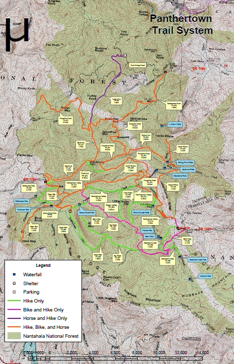 Terrain Map of Panthertown Trail System, Click for Larger Image
