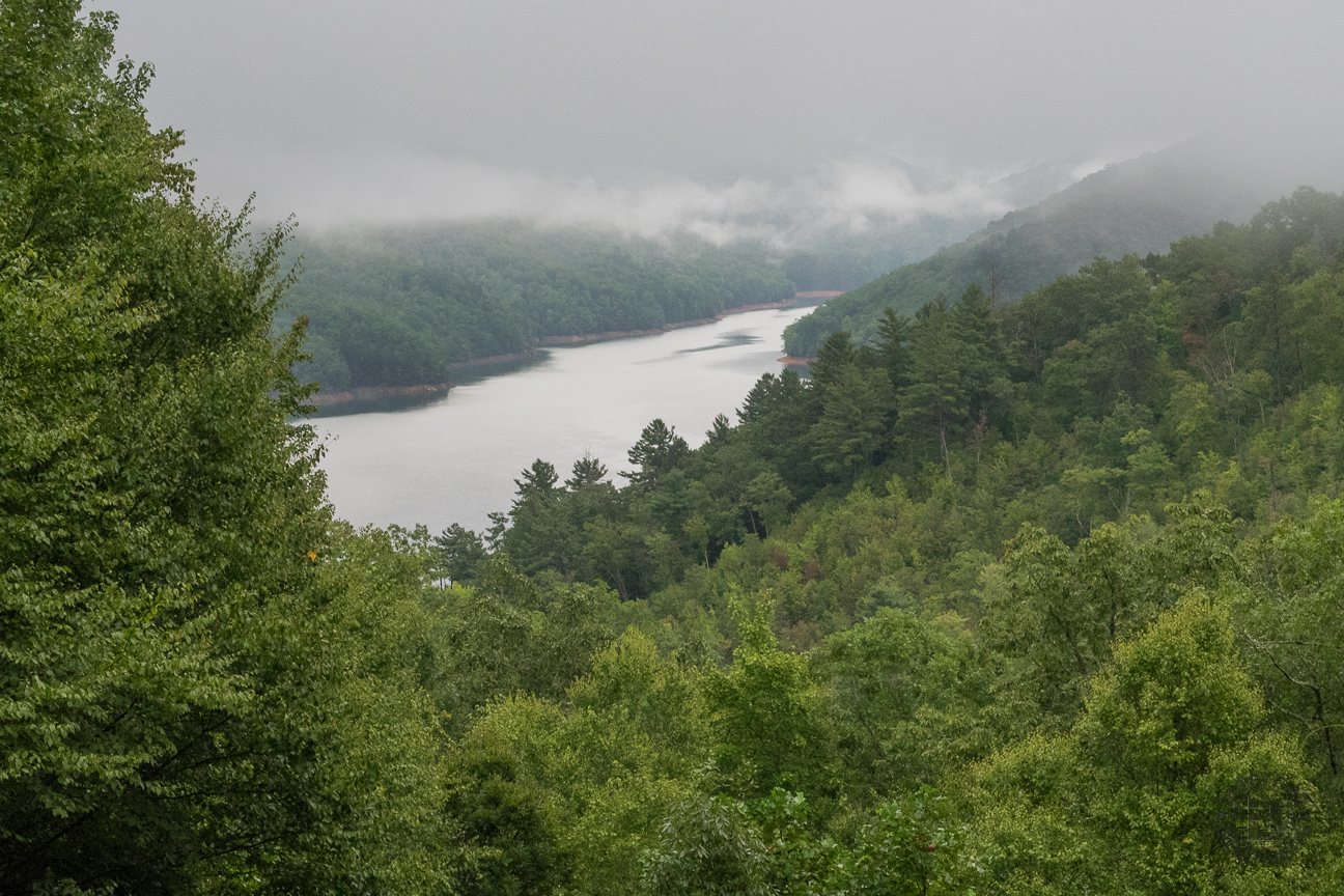 The sky looked threatening over Fontana Lake, but the combination of cold water and damp, warm air made for an interesting fog-shrouded setting. The Smokies national park is on the north side of the lake (right), while the south side lies in Nantahala National Forest.